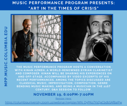 Picture of a flyer for MPP Inaugural Webinar, "Art in the Times of Crisis-" A conversation with Kinan Azmeh