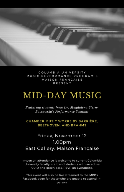 Picture of a flyer for Mid-Day Music - MPP Performance Seminar @ Maison Francaise