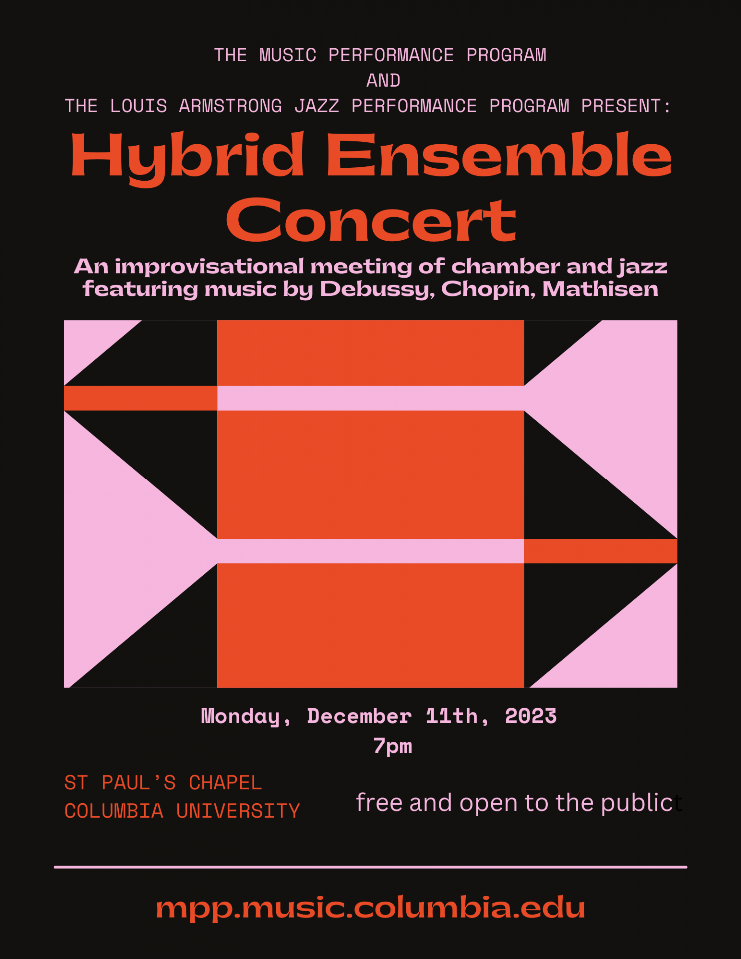 Hybrid Ensemble Concert: "an improvisational meeting of chamber and jazz featuring music by Debussy, Chopin, and Mathisen" on Monday, December 11th, 2023 7pm. 