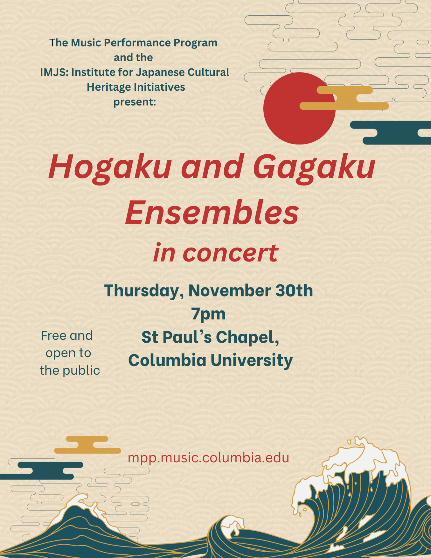 Flyer that says "Hogaku and Gagaku Ensembles in concert" on Thursday, November 30th @ 7pm at St. Paul's Chapel, Columbia University. Graphic of a sun and clouds, with ocean waves lining the bottom.
