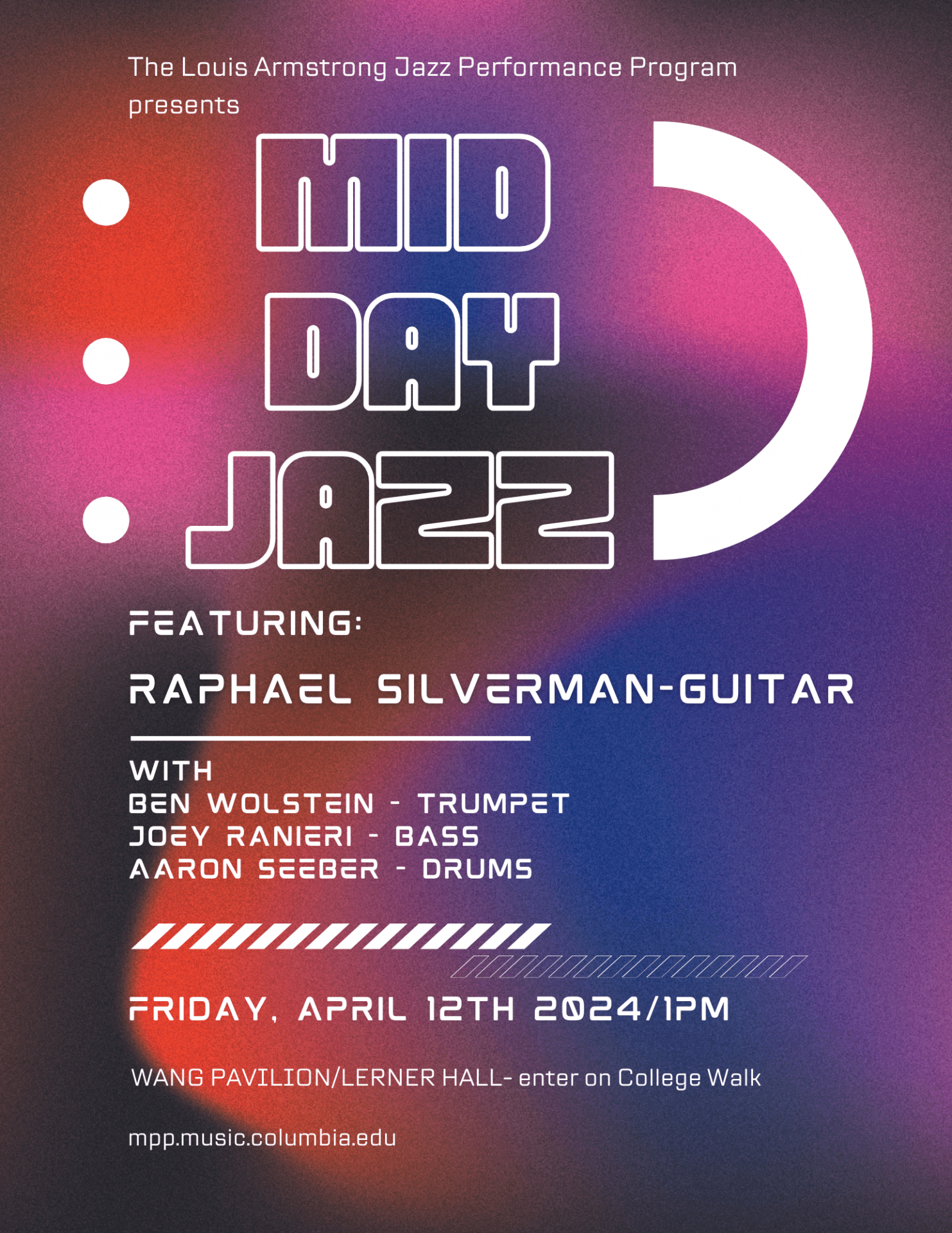 Poster of Mid Day Jazz for April 12th, 2024 at 1pm in the Wang Pavilion.