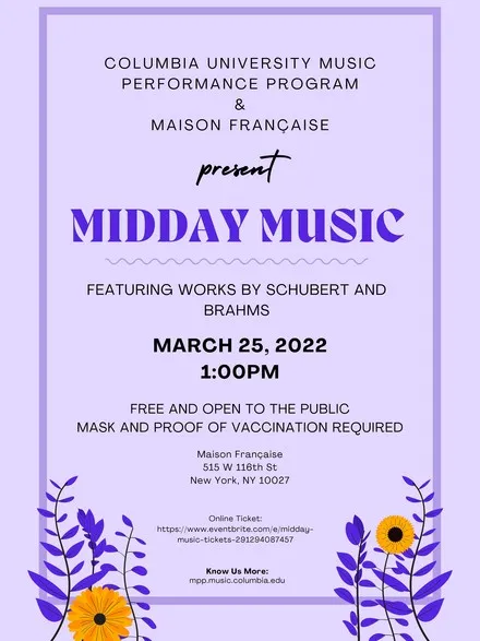 Picture of a flyer for Midday Music - Chamber Music @ Maison Francaise