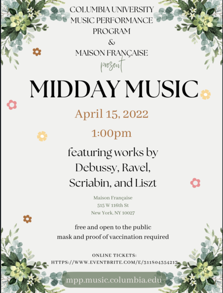 Midday Music - Chamber Music @ Maison Francaise Picture of a flyer for Midday Music - Chamber Music @ Maison Francaise