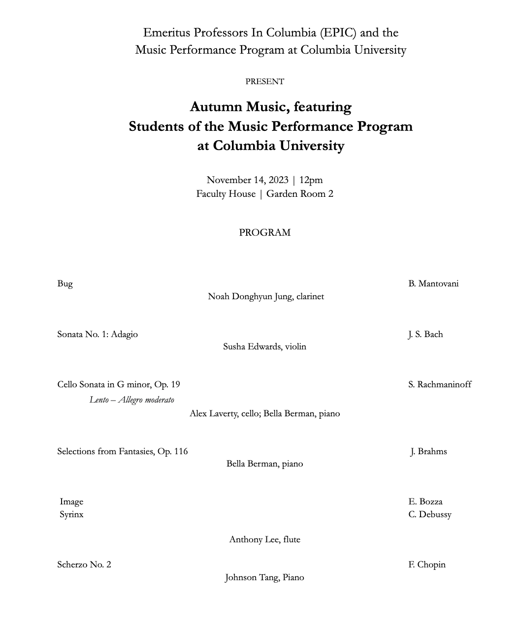 Program for the EPIC concert on 11/14/2023 in Faculty House.